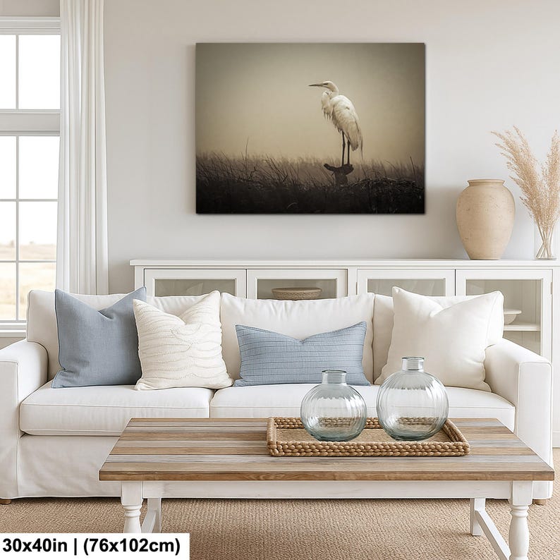Fågelfotografi av dimmig häger | Stämningsfull kustnära djurliv | Lugn väggdekoration i träsk | 30x40”