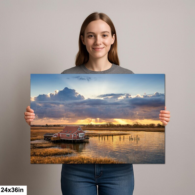 South Bay Shack Print | Marshland Sunset Photography of Historic House 24x36”