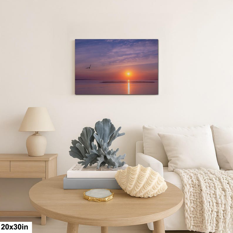 Sunset Ocean Photography Print, Seagull Coastal Wall Art, Minimalist Beach Decor, Serene Water Reflection, 20x30”