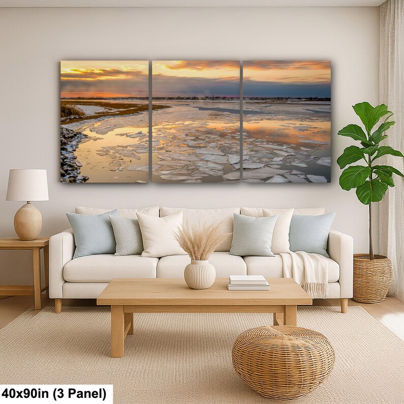 Long Island Sound Sunset Print, Winter Ice Photography 40x90” (3 panels)