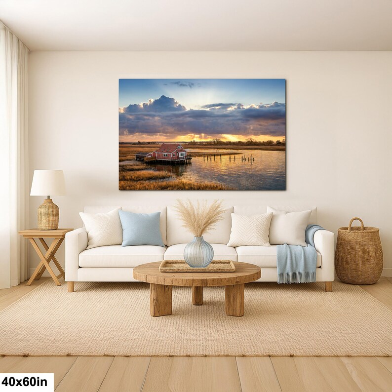 South Bay Shack Print | Marshland Sunset Photography of Historic House 40x60”