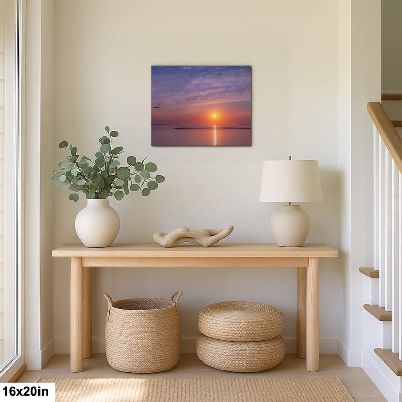 Sunset Ocean Photography Print, Seagull Coastal Wall Art, Minimalist Beach Decor, Serene Water Reflection, image 2