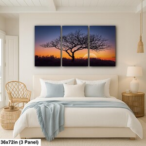 Fotografía impresa de silueta de árbol al atardecer, arte mural de paisaje de la hora dorada, decoración de naturaleza. 36x72” (3 panels)
