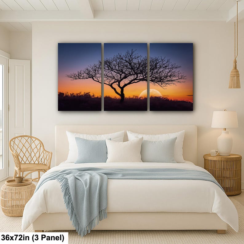 Fotografía impresa de silueta de árbol al atardecer, arte mural de paisaje de la hora dorada, decoración de naturaleza. 36x72” (3 panels)