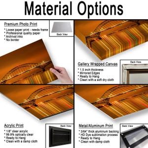 May include: Image showcasing material options for art prints, including Premium Photo Print, Gallery Wrapped Canvas, Acrylic Print, and Metal/Aluminum Print. Each option is displayed with its features and a back view. The text "Material Options" is at the top.