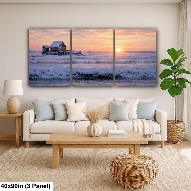 Shack Marsh Winter Landscape, Great South Bay Coastal Art Print 40x90” (3 panels)