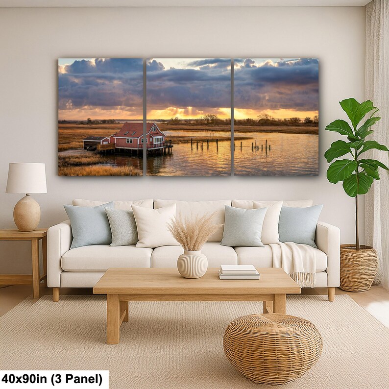 South Bay Shack Print | Marshland Sunset Photography of Historic House 40x90” (3 panels)
