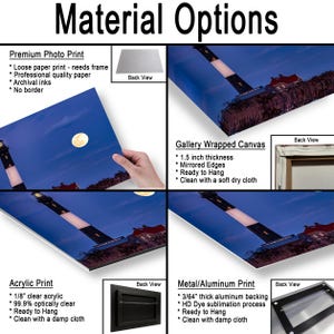 May include: An image showcasing various material options for artwork, including premium photo prints, gallery-wrapped canvas, acrylic prints, and metal prints. Each option is displayed with its features and a back view.