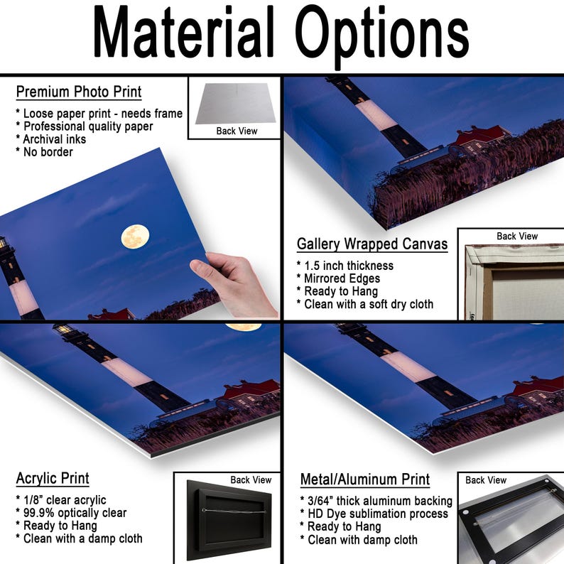 May include: An image showcasing various material options for artwork, including premium photo prints, gallery-wrapped canvas, acrylic prints, and metal prints. Each option is displayed with its features and a back view.