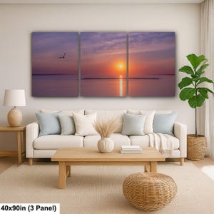 Sunset Ocean Photography Print, Seagull Coastal Wall Art, Minimalist Beach Decor, Serene Water Reflection, 40x90” (3 panels)