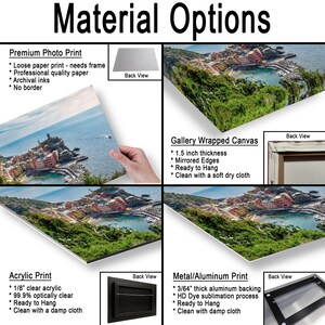 May include: An image showcasing different material options for prints, including a premium photo print, gallery-wrapped canvas, acrylic print, and metal/aluminum print. Each option is displayed with its features and a back view illustration. The text "Material Options" is at the top.