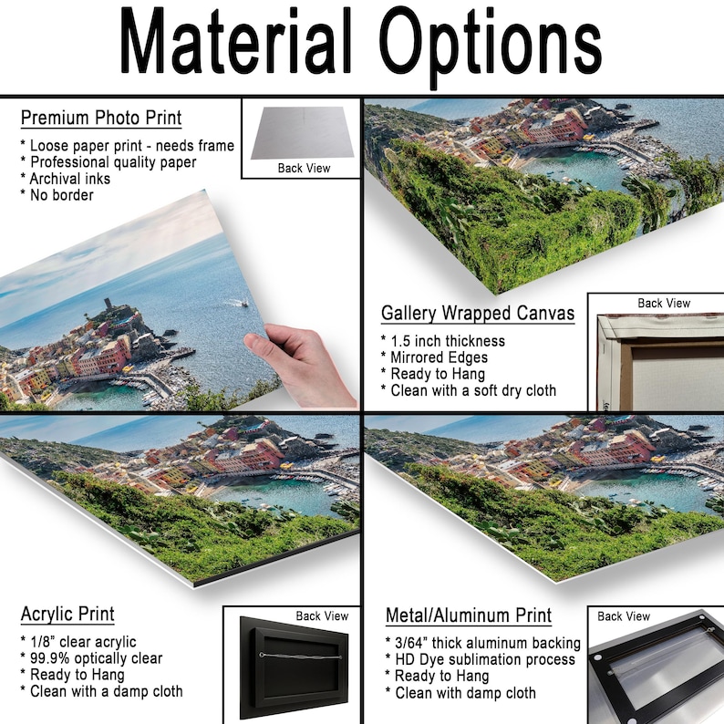 May include: An image showcasing different material options for prints, including a premium photo print, gallery-wrapped canvas, acrylic print, and metal/aluminum print. Each option is displayed with its features and a back view illustration. The text "Material Options" is at the top.