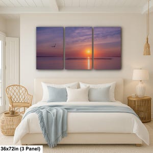 Sunset Ocean Photography Print, Seagull Coastal Wall Art, Minimalist Beach Decor, Serene Water Reflection, 36x72” (3 panels)