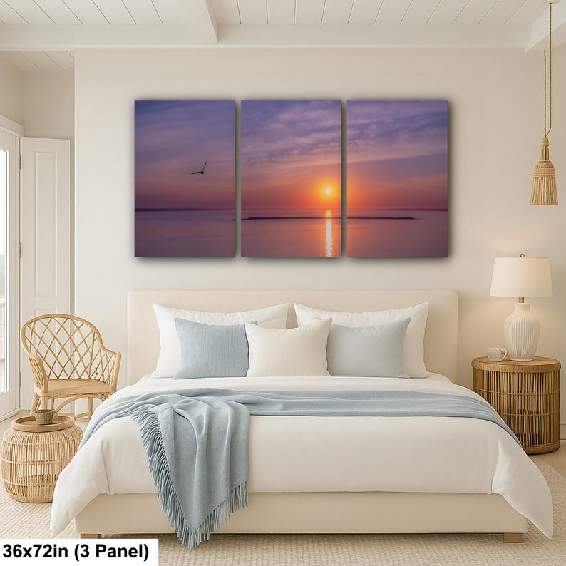 Sunset Ocean Photography Print, Seagull Coastal Wall Art, Minimalist Beach Decor, Serene Water Reflection, 36x72” (3 panels)