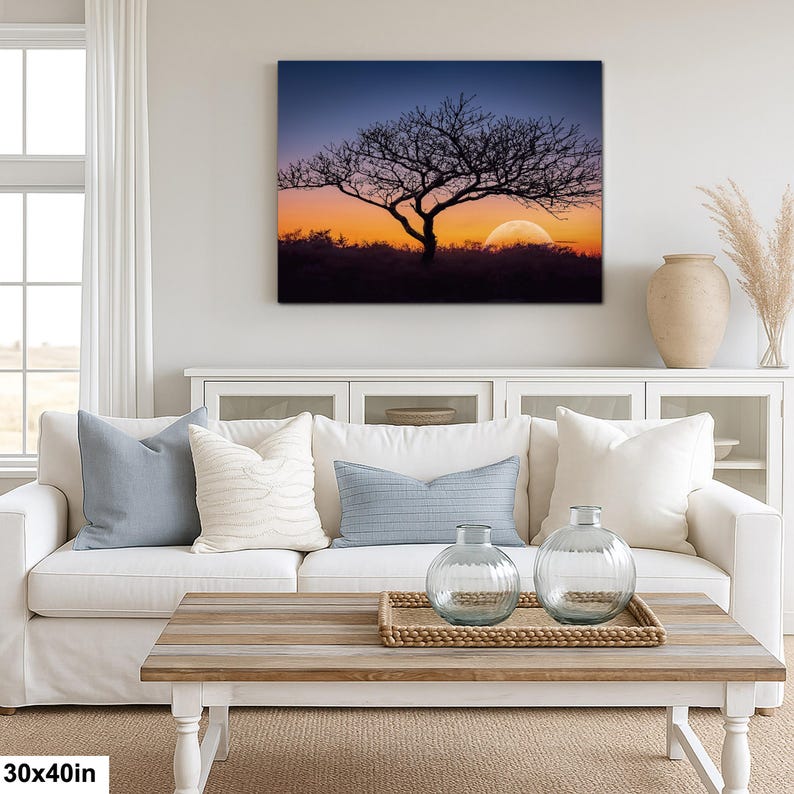 Fotografía impresa de silueta de árbol al atardecer, arte mural de paisaje de la hora dorada, decoración de naturaleza. 30x40”