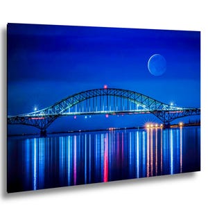 Midnight Bridge Reflections, Fire Island Night Photography Print, Blue Ocean Wall Art