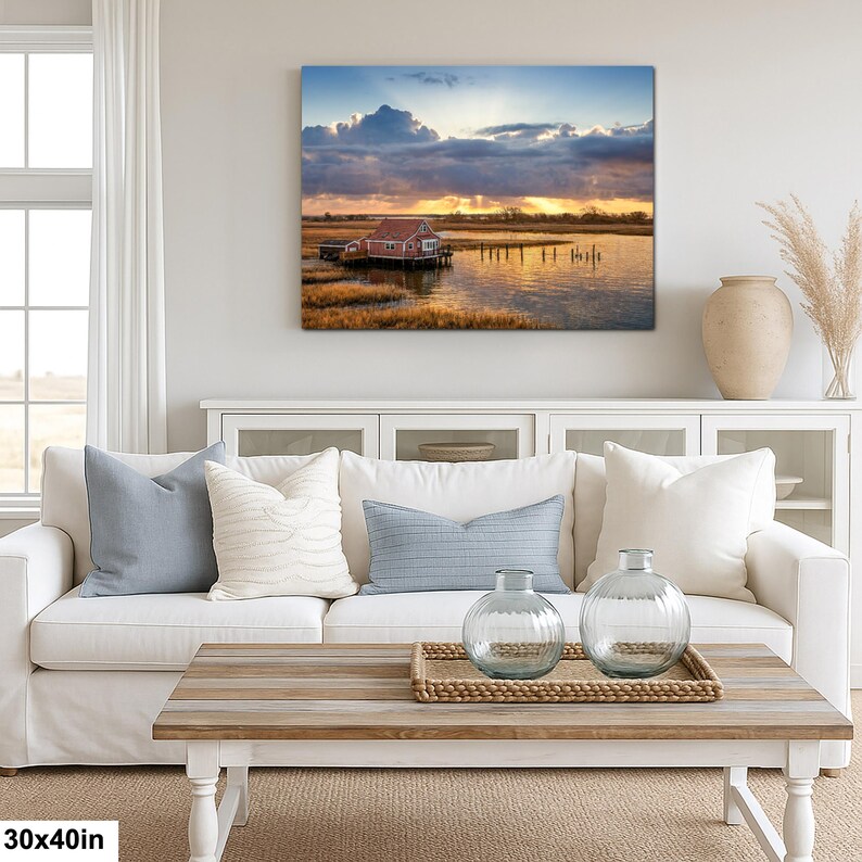 South Bay Shack Print | Marshland Sunset Photography of Historic House 30x40”