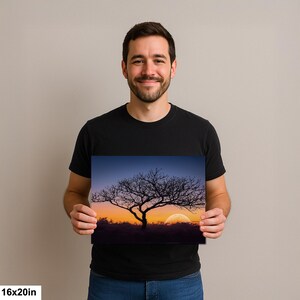 Fotografía impresa de silueta de árbol al atardecer, arte mural de paisaje de la hora dorada, decoración de naturaleza. 16x20”