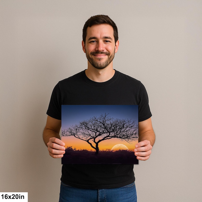 Fotografía impresa de silueta de árbol al atardecer, arte mural de paisaje de la hora dorada, decoración de naturaleza. 16x20”