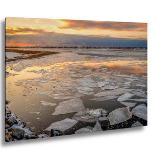 Long Island Sound Sunset Print, Winter Ice Photography image 1