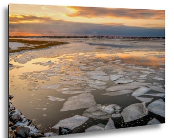 Impresión del atardecer en Long Island Sound, fotografía de hielo invernal