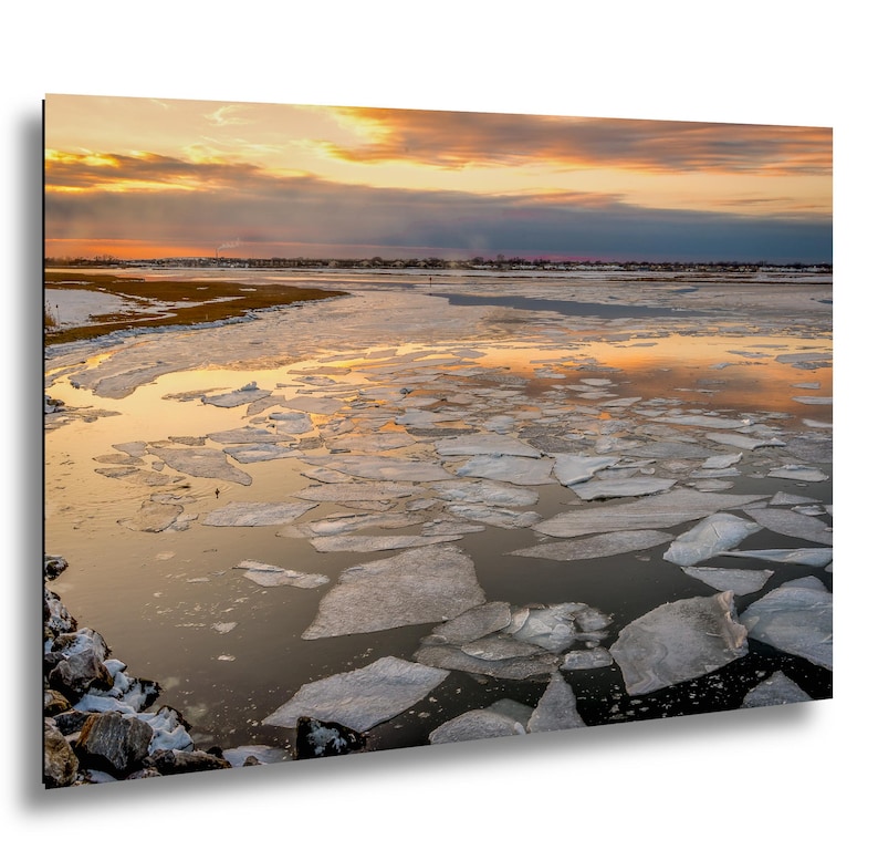 Long Island Sound Sunset Print, Winter Ice Photography image 1