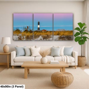 Venusgordel, Fire Island-vuurtorenprint, aardeschaduw, landschapskunst kuststrand 40x90” (3 panels)