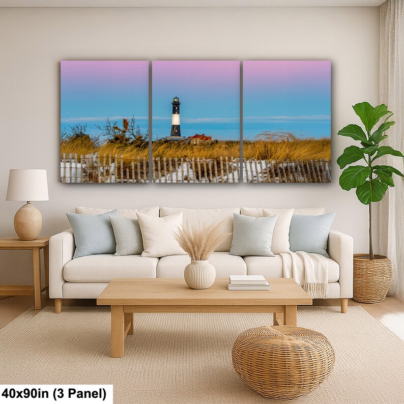 Venusgordel, Fire Island-vuurtorenprint, aardeschaduw, landschapskunst kuststrand 40x90” (3 panels)