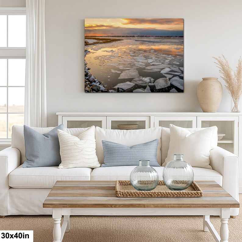 Long Island Sound Sunset Print, Winter Ice Photography 30x40”