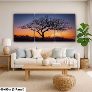 Fotografía impresa de silueta de árbol al atardecer, arte mural de paisaje de la hora dorada, decoración de naturaleza. 40x90” (3 panels)