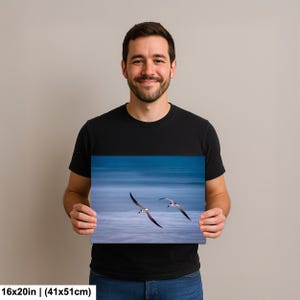 May include: A 16x20 inch (41x51cm) print featuring two seabirds in flight over a blurred blue ocean. The birds have black and white markings, with long, slender wings. The background is a soft, abstract representation of the sea.