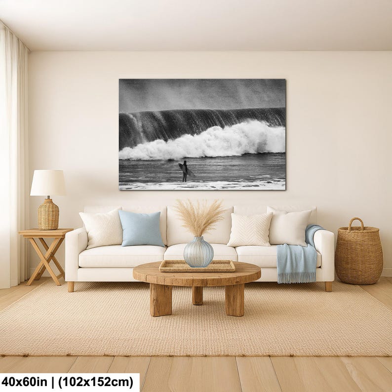 Surf de olas grandes / Surfista de Long Beach / Foto en blanco y negro / Fotografía oceánica 40x60”