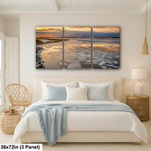 Long Island Sound Sunset Print, Winter Ice Photography 36x72” (3 panels)