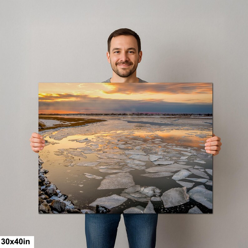 Long Island Sound Sunset Print, Winter Ice Photography image 7