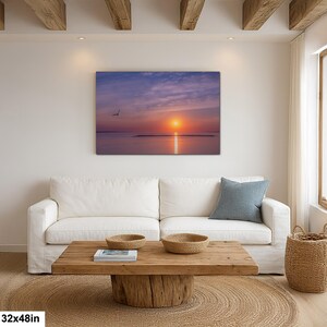 Sunset Ocean Photography Print, Seagull Coastal Wall Art, Minimalist Beach Decor, Serene Water Reflection, 32x48”