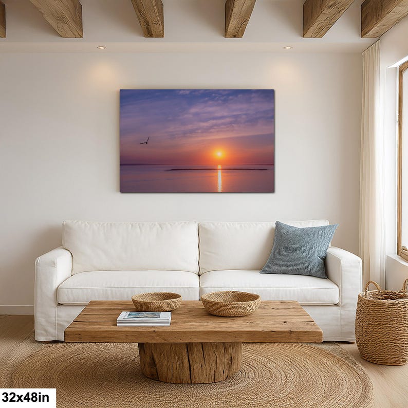 Sunset Ocean Photography Print, Seagull Coastal Wall Art, Minimalist Beach Decor, Serene Water Reflection, 32x48”