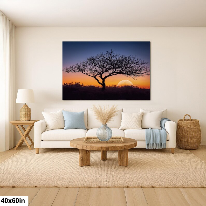 Fotografía impresa de silueta de árbol al atardecer, arte mural de paisaje de la hora dorada, decoración de naturaleza. 40x60”