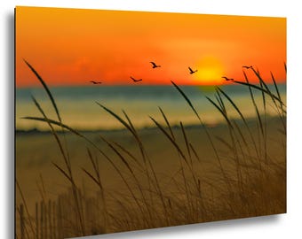 Sunset Beach Photograph Print with Flying Birds, Coastal Nature Wall Art, Ocean Decor,