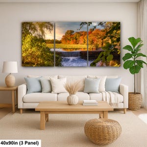 Herbst Wasserfall Szene am Smith Pond | Herbstlaub Landschaft Spiegelung | Long Island Naturfotografie 40x90” (3 panels)