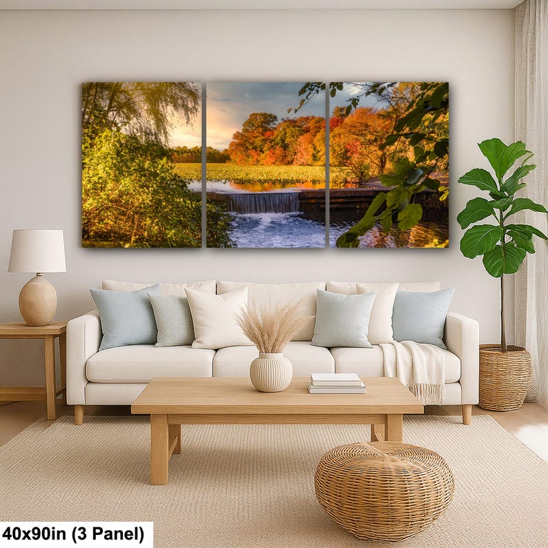 Herbst Wasserfall Szene am Smith Pond | Herbstlaub Landschaft Spiegelung | Long Island Naturfotografie 40x90” (3 panels)