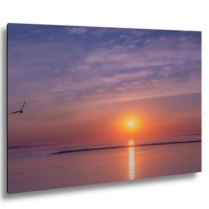 Sunset Ocean Photography Print, Seagull Coastal Wall Art, Minimalist Beach Decor, Serene Water Reflection, image 1