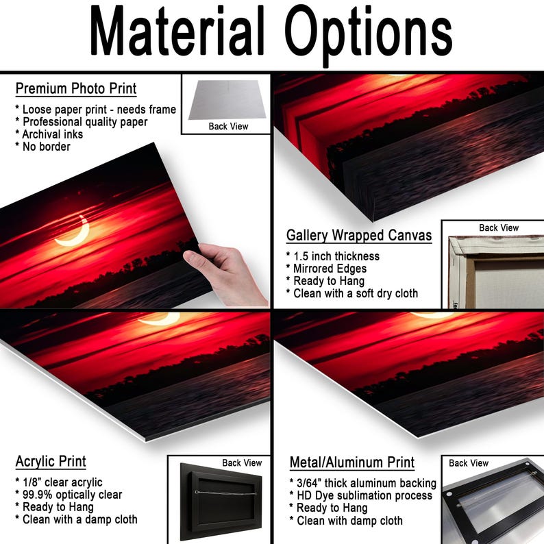 Pode incluir: Imagem mostrando v&aacute;rias op&ccedil;&otilde;es de materiais de impress&atilde;o art&iacute;stica. Inclui Impress&atilde;o fotogr&aacute;fica premium, Tela embrulhada em galeria, Impress&atilde;o acr&iacute;lica e Impress&atilde;o em metal/alum&iacute;nio. Cada op&ccedil;&atilde;o &eacute; exibida com seus recursos e uma ilustra&ccedil;&atilde;o da vista traseira. O texto "Material Options" est&aacute; no topo.