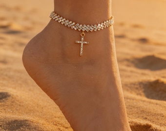 Pulsera tobillera con cruz, pulsera de tobillo hecha a mano con diamantes de imitación, joyería cristiana, delicada cadena de tobillo con cruz, regalo para ella.