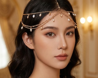 Boho Head Chain Jewelry, Layered Festival Hair Accessory, Adjustable Goddess Headpiece