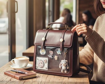 May include: A brown leather backpack with a clear front pocket displaying colorful pins and a small stuffed animal. The bag has a top handle, adjustable straps, and gold-colored hardware. A notebook and a cup of coffee sit on the wooden table.