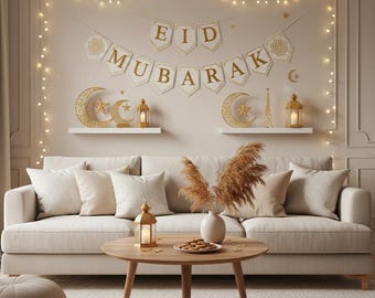Baner Eid Mubarak, dekoracja na przyjęcie ramadanowe, islamska chorągiewka (do pobrania natychmiast)