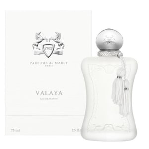 May include: A white perfume bottle with a silver cap and a white tassel, next to a white box. The box has the text "PARFUMS de MARLY PARIS" and "VALAYA EAU DE PARFUM". The bottle is 2.5 fl oz and the box is 75 ml.