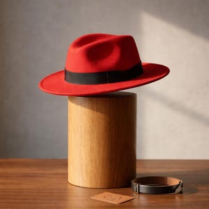 May include: A bright red fedora hat with a black band, presented on a wooden cylinder. A black leather bracelet and a small card are also on the wooden surface. The hat is a classic accessory.
