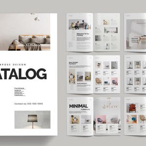May include: A catalogue cover with the word "CATALOGUE" in large, bold, black letters. The cover also includes the text "MULTIPURPOSE DESIGN" and the year "2028". Interior design and furniture are featured in the catalogue.