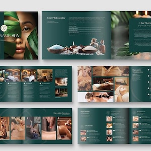 Puede incluir: Folleto de spa verde oscuro con el rostro de una mujer y hojas verdes en la portada. En el interior, el folleto muestra tratamientos de spa, productos e imágenes de las instalaciones del spa. El texto incluye "YOURNAME SPA".
